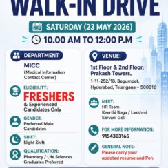 Walk-In – MICC (Medical Information Contact Center) – Hyderabad (Begumpet) – Night Shift – Pharmacy/Life Sciences Graduates – Freshers & Experienced – May 23, 2026