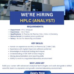HPLC Analyst (1–3 Years Exp) – Choksi Lab – B.Pharm / M.Pharm / B.Sc / M.Sc (Chemistry) – Agilent OpenLab, GLP/GDP – Immediate Joiners Preferred HPLC Analyst (1–3 Years Exp) – Choksi Lab – B.Pharm / M.Pharm / B.Sc / M.Sc (Chemistry) – Agilent OpenLab, GLP/GDP – Immediate Joiners Preferred