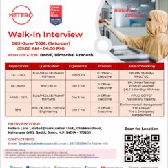 Walk-In – QC (OSD/Micro), AR&D, EHS – Hetero Labs (Baddi, HP) – 0–7 Years Exp – B.Sc / M.Sc / B.Pharm / M.Pharm – June 6, 2026 Walk-In – QC (OSD/Micro), AR&D, EHS – Hetero Labs (Baddi, HP) – 0–7 Years Exp – B.Sc / M.Sc / B.Pharm / M.Pharm – June 6, 2026