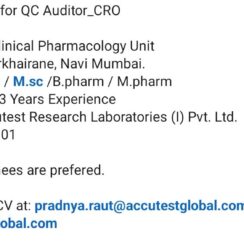 QC Auditor (CRO, Clinical Pharmacology) – Accutest Research (Navi Mumbai) – 1–3 Years Exp – B.Sc / M.Sc / B.Pharm / M.Pharm – Immediate Joiner QC Auditor (CRO, Clinical Pharmacology) – Accutest Research (Navi Mumbai) – 1–3 Years Exp – B.Sc / M.Sc / B.Pharm / M.Pharm – Immediate Joiner