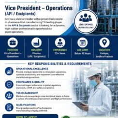 Vice President – Operations (API / Excipients) – Kadapa, Andhra Pradesh – 25+ Years Exp – cGMP, Regulatory Compliance – Age Below 45 Vice President – Operations (API / Excipients) – Kadapa, Andhra Pradesh – 25+ Years Exp – cGMP, Regulatory Compliance – Age Below 45