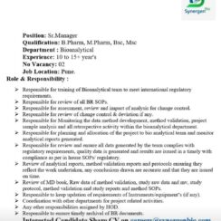 Sr. Manager – Bioanalytical (10–15+ Years Exp) – Synergen Bio (Pune) – B.Pharm / M.Pharm / B.Sc / M.Sc – Method Development, Validation, Regulatory Compliance Sr. Manager – Bioanalytical (10–15+ Years Exp) – Synergen Bio (Pune) – B.Pharm / M.Pharm / B.Sc / M.Sc – Method Development, Validation, Regulatory Compliance