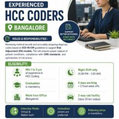 HCC Coder (1–3 Years Exp) – Bangalore (WFO, Night Shift) – 5 Days Working + 2 Fixed Week Offs + 2-Way Cab – Sagility Health – Immediate Joiners HCC Coder (1–3 Years Exp) – Bangalore (WFO, Night Shift) – 5 Days Working + 2 Fixed Week Offs + 2-Way Cab – Sagility Health – Immediate Joiners