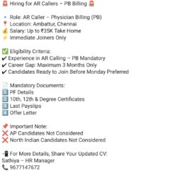 AR Caller – Physician Billing (PB) – Chennai (Ambattur) – Up to ₹35K Take Home – Immediate Joiners – PF & Documents Required
