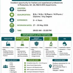 Walk-In – Production, QC, QA, R&D, EHS (API) – Shodhana Laboratories (Hyderabad, Jeedimetla) – 0–4 Years Exp – B.Sc / M.Sc / B.Pharm / M.Pharm / Diploma – May 27-30, 2026