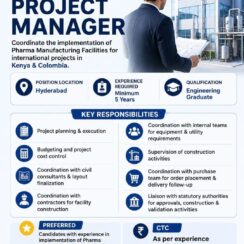 Project Manager (Pharma Manufacturing Facilities) – Hyderabad – 5+ Years Exp – Engineering Graduate – Kenya & Colombia Projects