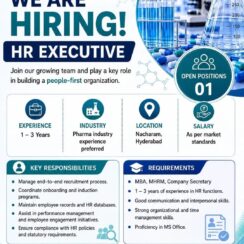 HR Executive (1–3 Years Exp) – Chemtatva Chiral Solutions (Nacharam, Hyderabad) – Pharma Industry Preferred – MBA / MHRM / Company Secretary