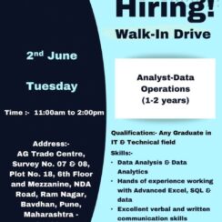 Walk-In – Analyst – Data Operations (1–2 Years Exp) – Sakon (Pune, Bavdhan) – Advanced Excel, SQL, Data Analysis – Any Graduate (IT/Technical) – June 2, 2026
