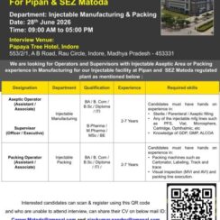 Amneal Pharmaceuticals Walk-In Interview | Injectable Manufacturing & Packing | 28th June 2026 | Indore | Pipan & SEZ Matoda