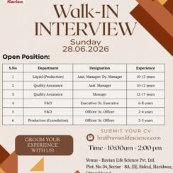 Ravian Life Science – Walk-In Interviews for QA / Production / F&D Departments on 28th June’ 2026