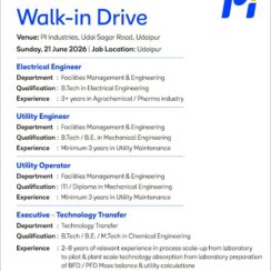 PI Industries Walk-In | 21 June 2026 | Electrical Utility Chemical Engineers | Udaipur | Agrochemical Pharma