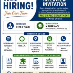 Sri Krishna Pharma Walk-In 2026 | Maintenance Production ARD FRD | 15-20 June | M.Pharmacy | 0-3 Years