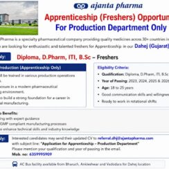Ajanta Pharma Freshers Apprenticeship | Dahej Gujarat | Diploma D.Pharm ITI B.Sc | 2023-2026 Passouts