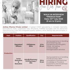 Anthea Pharma Walk-In 2026 | Injectable Production Jobs | Operators, Officers, Executives | 1-10 Years | Hyderabad