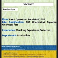 UPL Arysta LifeScience Kalol Hiring | Plant Operator | Production | B.Sc Diploma ITI | Chemical Agro Jobs