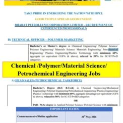 BPCL Recruitment 2026 | Polymer Marketing Petrochemical | Chemical Polymer Petrochemical Engg | 60% Min