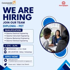 Coromandel International Jobs | Diploma PET Electrical, Instrumentation, Mechanical, Chemical | 0-1 Year | 3 LPA | Dahej Ankleshwar