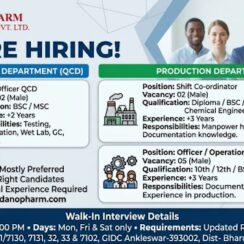 Danopharm Chemicals Walk-In | Ankleshwar | QC Officer Shift Coordinator Production | Immediate Joiners