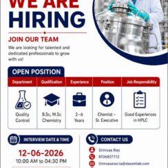 Dasami Lab Walk In Interview on 12th June 2026 For QC Chemist