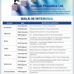 Deepak Phenolics Walk-In Interview on 12th June 2026 For Production, Mechanical, Electrical, QA & QC Departments