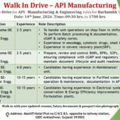 Emcure Pharmaceuticals Walk-In Interview on 14th June 2026 for API Production, Documentation & Engineering Departments in Ankleshwar