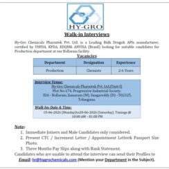 Hy-Gro Chemicals Walk-In Interview | Production Chemists | 16th – 20th June 2026 | Bollaram Hyderabad | 2-6 Years