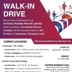 Apitoria Pharma Walk-In Hyderabad | 14 June 2026 | Production QC Microbiology | Aurobindo Group | 0-5 Years