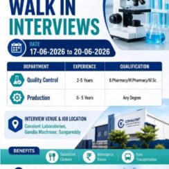 Covalent Laboratories Walk-In | 17-20 June 2026 | QC Production | B.Pharm M.Sc | Sangareddy
