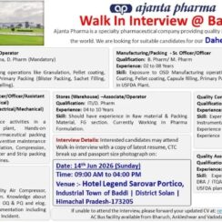 Ajanta Pharma Walk-In Baddi | 14 June 2026 | Production QA QC Maintenance Warehouse | 2-12 Years