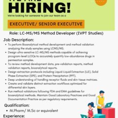 Topiox Research Hiring 2026 | Executive / Senior Executive | LC-MS/MS Method Developer IVPT Studies | 5-8 Years