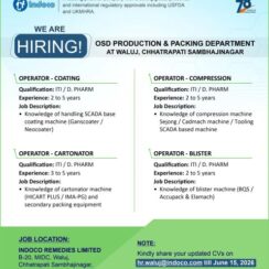 Indoco Remedies Hiring For OSD Production & Packing Operator in Waluj, Chhatrapati Sambhajinagar