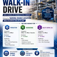 Ipca Laboratories Baroda Ranu Walk-In | 21 June 2026 | Production Engineering QC | 2-15 Years