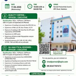 Lupin Manufacturing Solutions Walk-In | 17 June 2026 | QC QA Officers | Dabhasa Plant | Vadodara