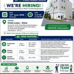 Lupin Walk-In Drive on 13th June 2026 For Production, QC, and QA Departments in Maharashtra