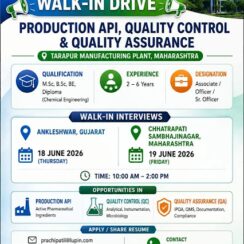 Lupin Walk-In 18-19 June 2026 | Production API, Quality Control, Quality Assurance | 2-6 Years | Tarapur Maharashtra