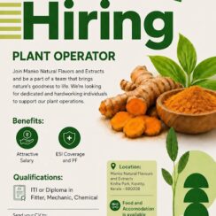 Manko Natural Flavours Plant Operator Jobs | Kerala | ITI Diploma Fitter Mechanic Chemical | Kinfra Park Koratty