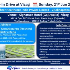 Pfizer Walk-In Interview 21 June 2026 | Junior Associate Manufacturing Freshers | Diploma Pharmacy/Mechanical | Visakhapatnam