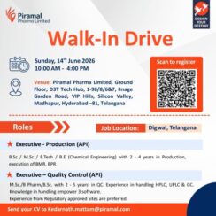 Piramal Pharma Walk-In Drive on 14th June 2026 For QC and Production Executives