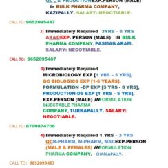 Srujani Pharma Consultancy Hyderabad | Urgent Requirement | QC R&D Production Warehouse | 1-15 Years