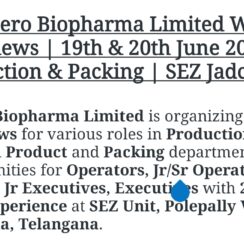 Hetero Biopharma Walk-In 19-20 June 2026 | Production Finished Product & Packing | Operators, Officers, Executives | Jadcherla Telangana