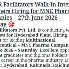 VLR Facilitators Walk-In Interview 2026 | MNC Pharma Jobs for Freshers | Hyderabad, Kakinada, Raichur | 27th June