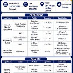 USV Private Limited Walk-In | 14 June 2026 | OSD Sterile QA QC | Daman | USFDA MHRA EU