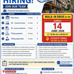 Vickro Biopharma Walk-In Interview on 14th June 2026 For Warehouse, QC, & Operations Departments