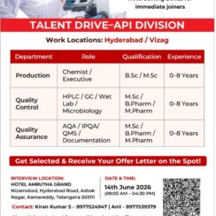 Major Pharma Walk-In | 14 June 2026 | QA QC Production | API | Hyderabad Vizag | Immediate Joining Bonus