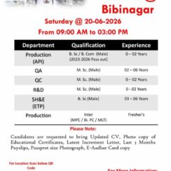 MSN Organics Walk-In Interview | QA QC Production R&D SH&E ETP | 20th June 2026 | Bibinagar | Freshers & Experience