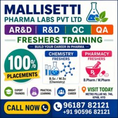 Mallisetti Pharma Labs Training Placement | Hyderabad | QC QA R&D AR&D | B.Pharm M.Pharm B.Sc M.Sc Freshers