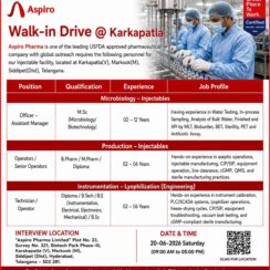Aspiro Pharma Walk-In 20 June 2026 | Microbiology, Production, Engineering | USFDA Injectables | Karkapatla Telangana