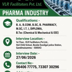 VLR Facilitators Walk-In Interview 2026 | MNC Pharma Fresher Jobs | B.Sc, M.Sc, B.Pharm, B.Tech, B.A, B.Com, ITI, Diploma | 27th June