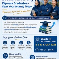 Biocon Walk-In Drive 2nd, 3rd & 4th July 2026 | Diploma Freshers | Trainee | Sponsored Degree | Johor Malaysia