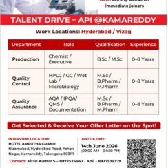 Hetero Labs API Talent Drive | 14 June 2026 | Production QC QA | B.Sc M.Sc B.Pharm M.Pharm | 0-8 Years